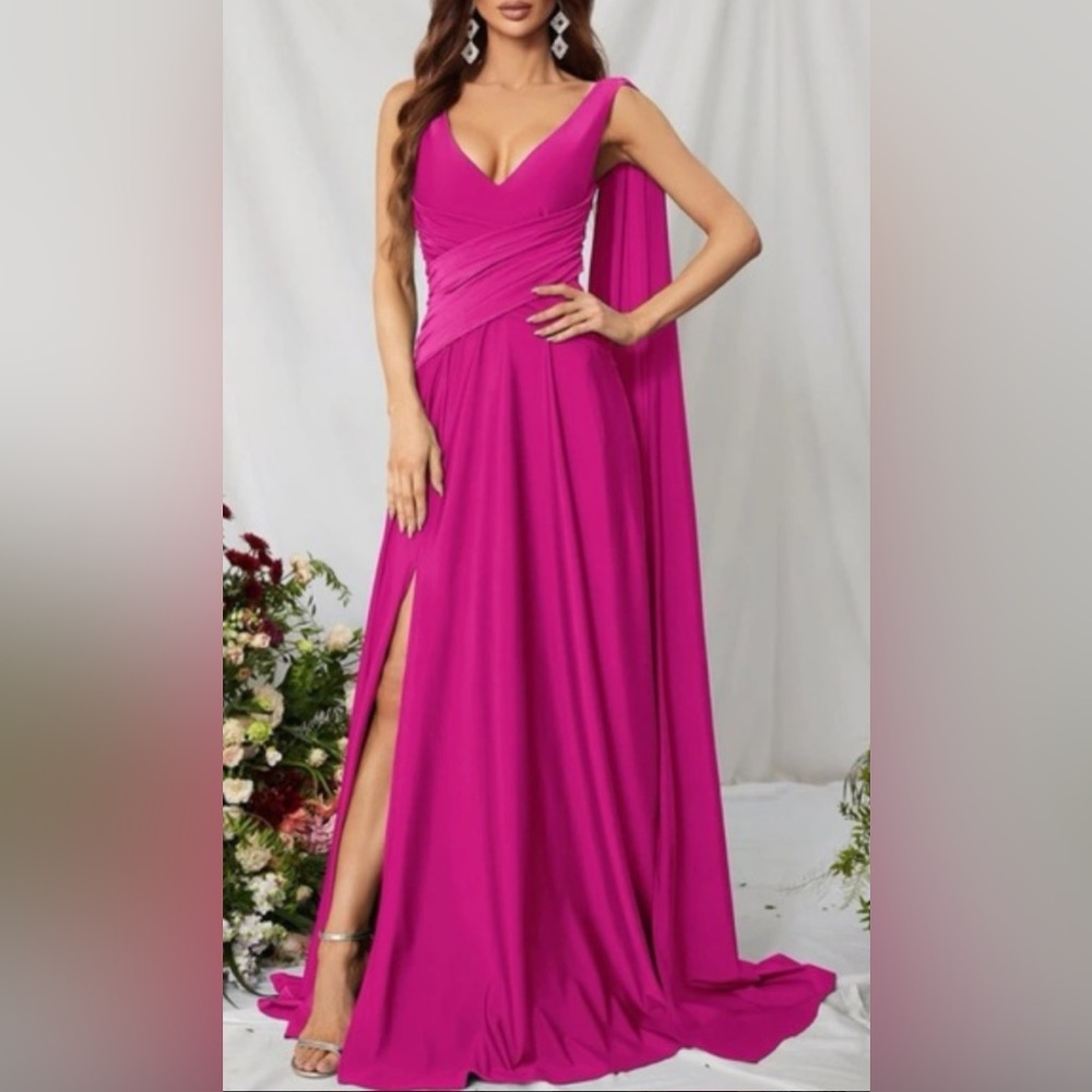 Satin Jersey HOT PINK gown v neck draping to accentuate waistline back scarf